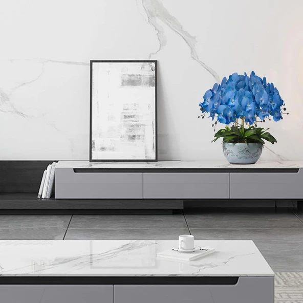 Nettenevime 4lü Set Yapay Çiçek Mavi Islak Orkide ve 2 Adet Orkide Yaprağı Gerçeksi Doku Uzun Dal 90cm - Resim 2