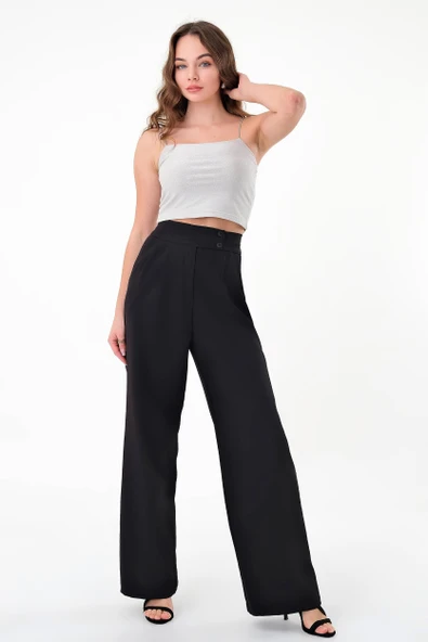 Kadın Siyah Çift Düğmeli Palazzo Pantolon - 4