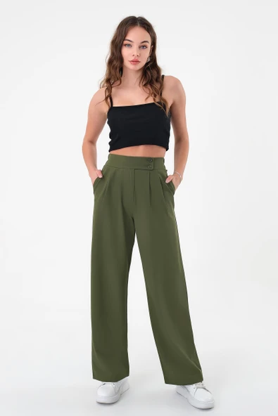 Kadın Haki Çift Düğmeli Palazzo Pantolon - 4
