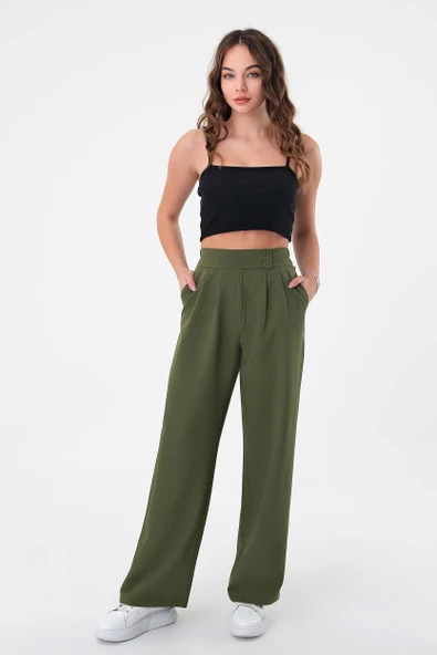 Kadın Haki Çift Düğmeli Palazzo Pantolon - 3