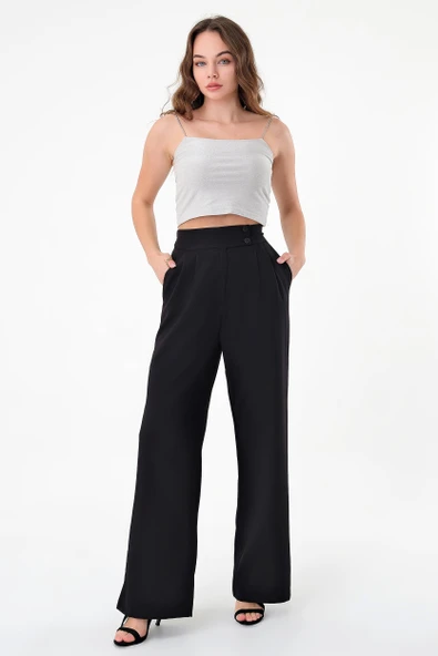 Kadın Siyah Çift Düğmeli Palazzo Pantolon - 2
