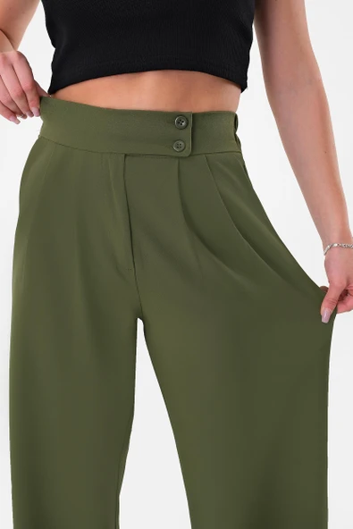 Kadın Haki Çift Düğmeli Palazzo Pantolon - 2
