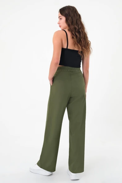 Kadın Haki Çift Düğmeli Palazzo Pantolon - 5