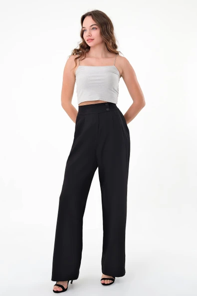 Kadın Siyah Çift Düğmeli Palazzo Pantolon - 3