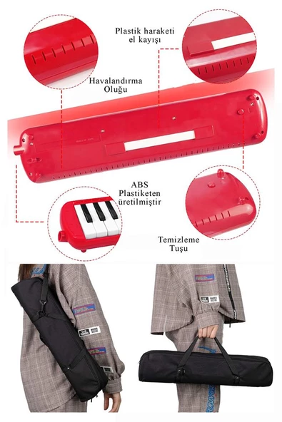 Melodika 32 Tuşlu Pembe Bez Çantalı 1 Adet Müzik Defteri A4 Plastik Kapak 40 Yaprak Spralli 1 Adet Hortumlu Melodika Askılı Taşıma Kulplu Okul Öğrenci - 3