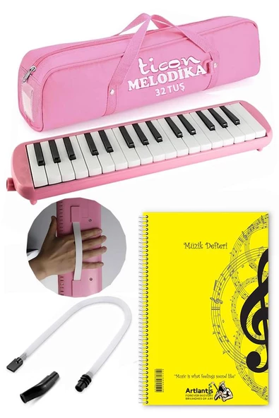 Melodika 32 Tuşlu Pembe Bez Çantalı 1 Adet Müzik Defteri A4 Plastik Kapak 40 Yaprak Spralli 1 Adet Hortumlu Melodika Askılı Taşıma Kulplu Okul Öğrenci