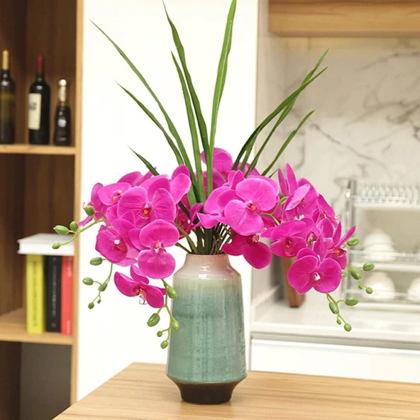4lü Set Yapay Çiçek Fuşya Islak Orkide ve 2 Adet Orkide Yaprağı Gerçeksi Doku Uzun Dal 90cm - 4