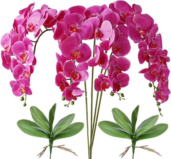 4lü Set Yapay Çiçek Fuşya Islak Orkide ve 2 Adet Orkide Yaprağı Gerçeksi Doku Uzun Dal 90cm