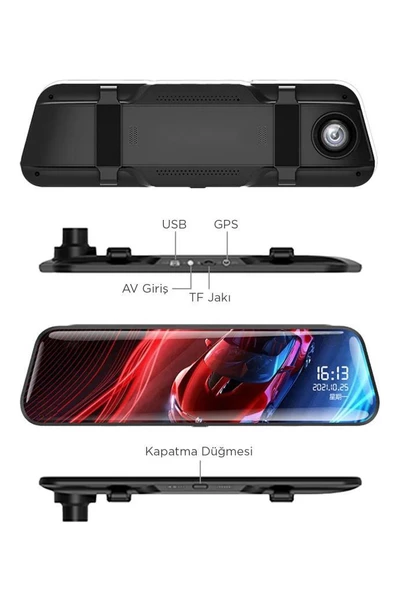 Torima TA-06 Siyah 1080p Araç içi Lcd 9.6 inç Dokunmatik Ekranlı Dikiz Aynası Gece Görüşlü Ön ve Arka Araç Kamerası - 3