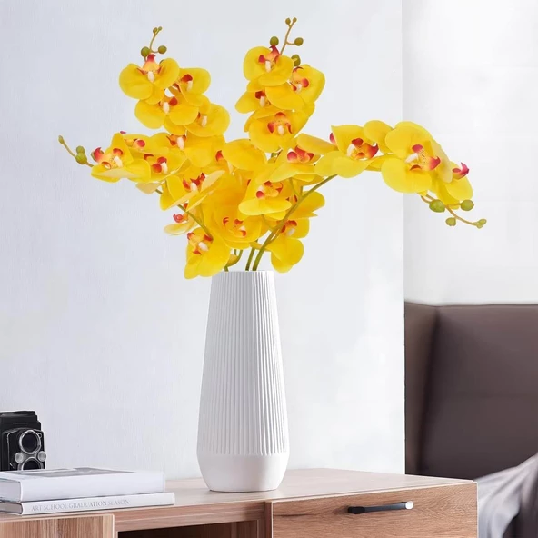 4lü Set Yapay Çiçek Sarı Islak Orkide ve 2 Adet Orkide Yaprağı Gerçeksi Doku Uzun Dal 90cm - 6