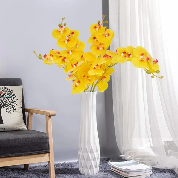 4lü Set Yapay Çiçek Sarı Islak Orkide ve 2 Adet Orkide Yaprağı Gerçeksi Doku Uzun Dal 90cm - 4