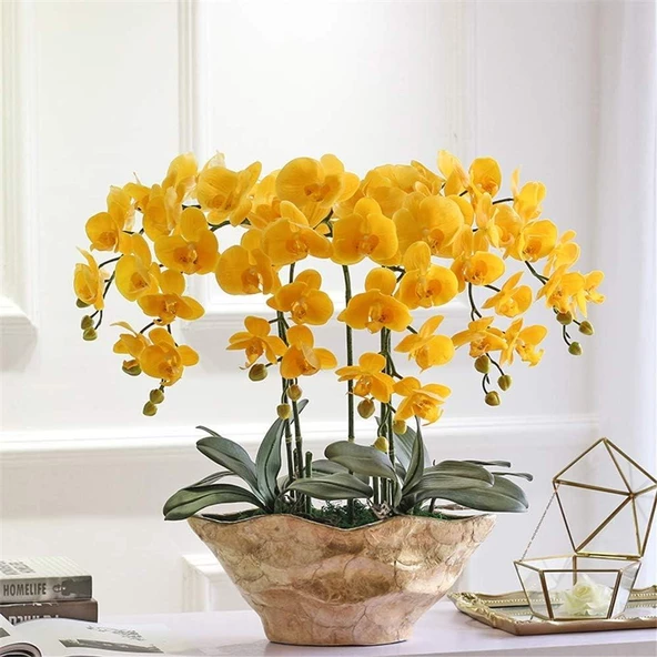 4lü Set Yapay Çiçek Sarı Islak Orkide ve 2 Adet Orkide Yaprağı Gerçeksi Doku Uzun Dal 90cm - 3