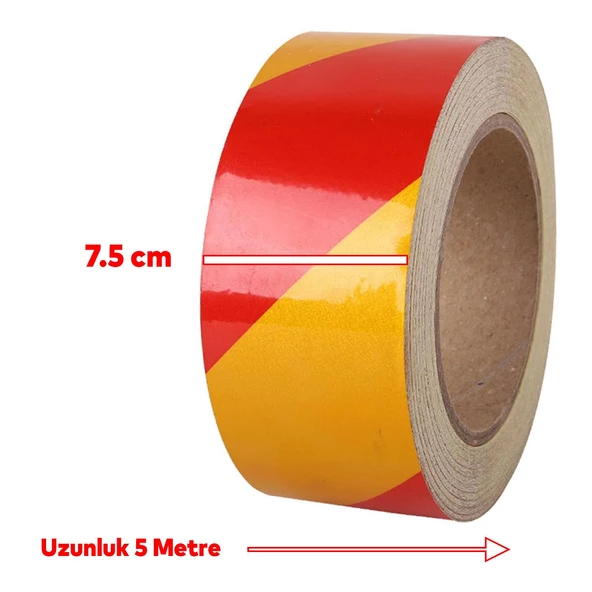 Fosforlu Reflektörlü Yapışkanlı Parlayan Sarı Kırmızı Reflektif Düz Şerit Bant 7.5 cm 5 Mt İkaz Bandı - 2