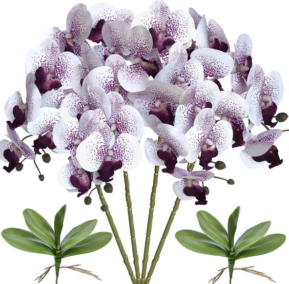 Nettenevime 4lü Set Yapay Çiçek Beyaz Mor Çilli Islak Orkide ve 2 Adet Orkide Yaprağı Gerçeksi Doku Uzun Dal 90cm - 1