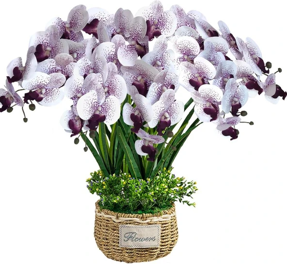 Nettenevime 4lü Set Yapay Çiçek Beyaz Mor Çilli Islak Orkide ve 2 Adet Orkide Yaprağı Gerçeksi Doku Uzun Dal 90cm - 6