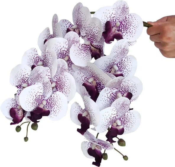 Nettenevime 4lü Set Yapay Çiçek Beyaz Mor Çilli Islak Orkide ve 2 Adet Orkide Yaprağı Gerçeksi Doku Uzun Dal 90cm - 5