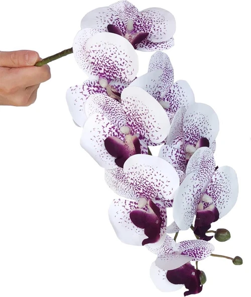 Nettenevime 4lü Set Yapay Çiçek Beyaz Mor Çilli Islak Orkide ve 2 Adet Orkide Yaprağı Gerçeksi Doku Uzun Dal 90cm - 4