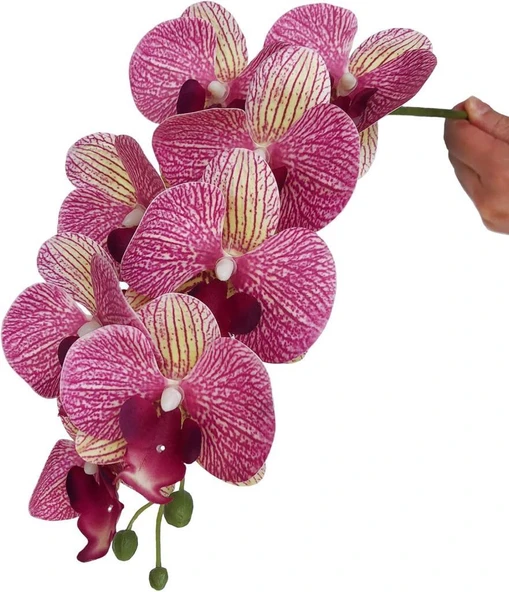 4lü Set Yapay Çiçek Fuşya Çilli Islak Orkide ve 2 Adet Orkide Yaprağı Gerçeksi Doku Uzun Dal 90cm - 6