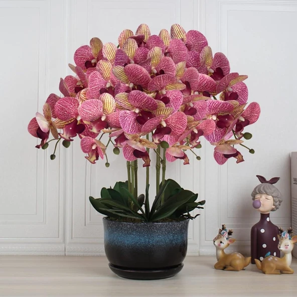 4lü Set Yapay Çiçek Fuşya Çilli Islak Orkide ve 2 Adet Orkide Yaprağı Gerçeksi Doku Uzun Dal 90cm - 3