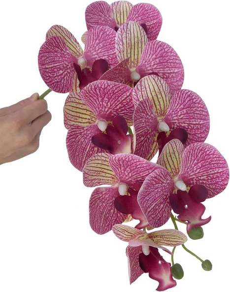4lü Set Yapay Çiçek Fuşya Çilli Islak Orkide ve 2 Adet Orkide Yaprağı Gerçeksi Doku Uzun Dal 90cm - 5