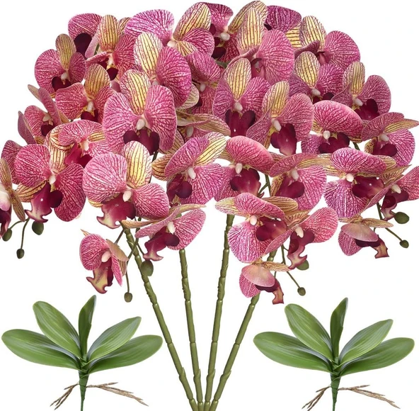4lü Set Yapay Çiçek Fuşya Çilli Islak Orkide ve 2 Adet Orkide Yaprağı Gerçeksi Doku Uzun Dal 90cm