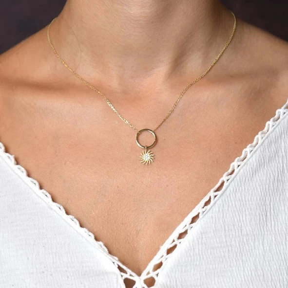 Choker Altın Güneş Kolye Çift Zincirli