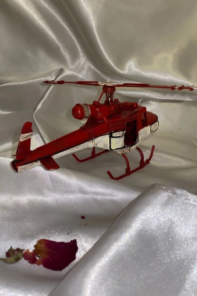 Metal Helikopter Dekoratif Maket El Yapımı Oyuncak Kırmızı Beyaz - 2