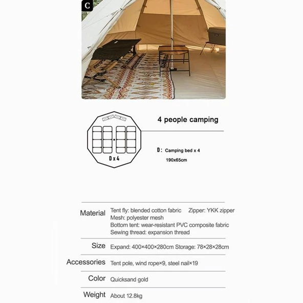 Naturehike Profound 9.6 Carpa Glamping Aile Çadırı | Cotton Pyramid Kanvas | - Resim 5