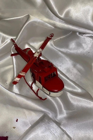 Metal Helikopter Dekoratif Maket El Yapımı Oyuncak Kırmızı Beyaz - 7