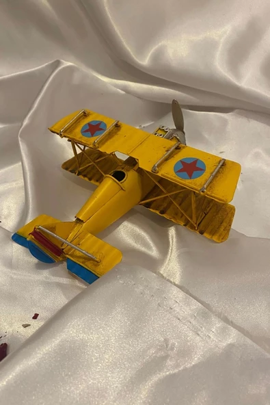 Metal Uçak Dekoratif Maket El Yapımı Oyuncak Teyyare Planör Sarı - Resim 3