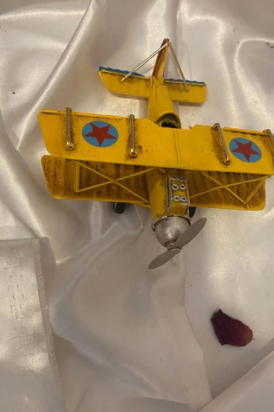 Metal Uçak Dekoratif Maket El Yapımı Oyuncak Teyyare Planör Sarı - Resim 4