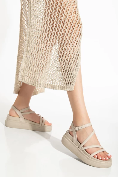 Bej Dolgu Topuk Kadın Sandalet - 2