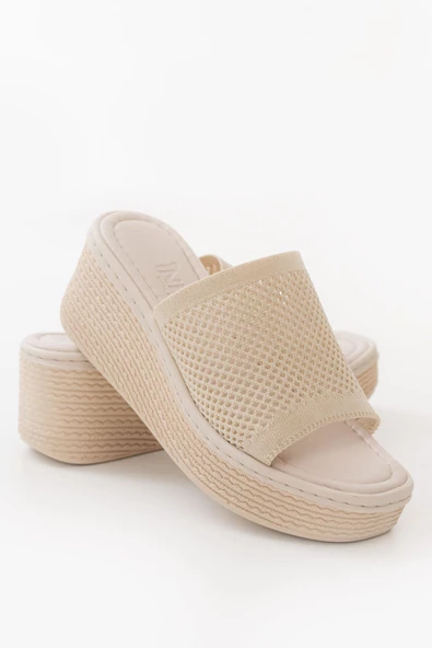 Bej Triko Günlük Ortopedik Dolgu Topuk Kadın Terlik - Resim 6