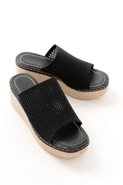 Siyah Triko Günlük Ortopedik Dolgu Topuk Kadın Terlik - Resim 5