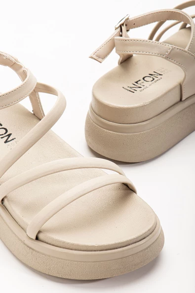 Bej Dolgu Topuk Kadın Sandalet - 5