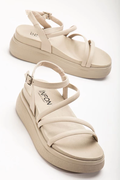 Bej Dolgu Topuk Kadın Sandalet - 4