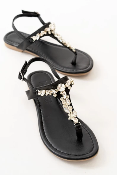 Siyah Gümüş Taşlı Parmak Arası Kadın Sandalet - Resim 4