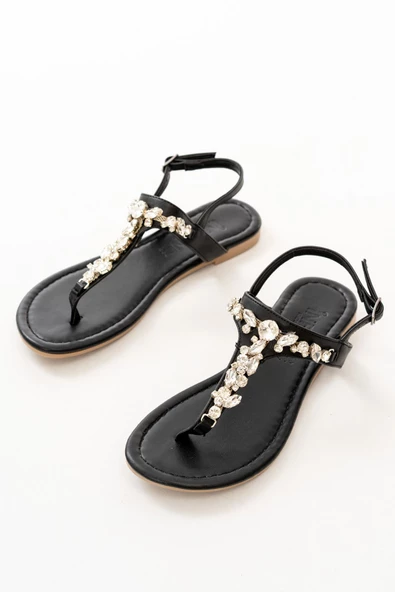Siyah Gümüş Taşlı Parmak Arası Kadın Sandalet - Resim 5