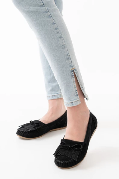 Siyah Süet Püsküllü Günlük Kadın Babet - 2