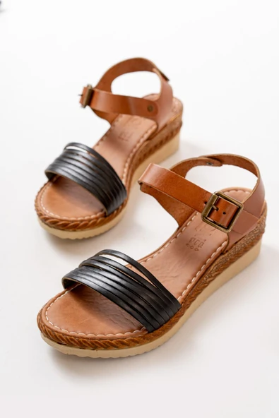 Siyah Ortopedik Hakiki Deri Dolgu Kadın Sandalet ürün görseli 1