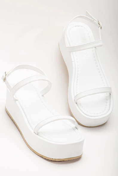 Beyaz Dolgu Topuk Kadın Sandalet - 4