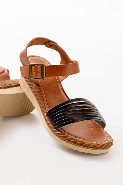 Siyah Ortopedik Hakiki Deri Dolgu Kadın Sandalet - 2