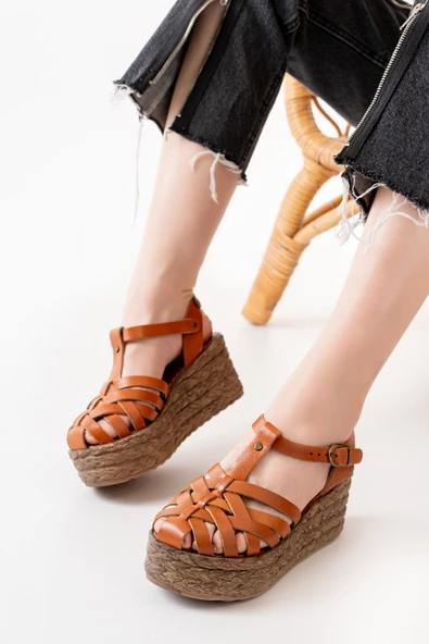 Taba Ortopedik Hakiki Deri Dolgu Kadın Sandalet - Resim 4