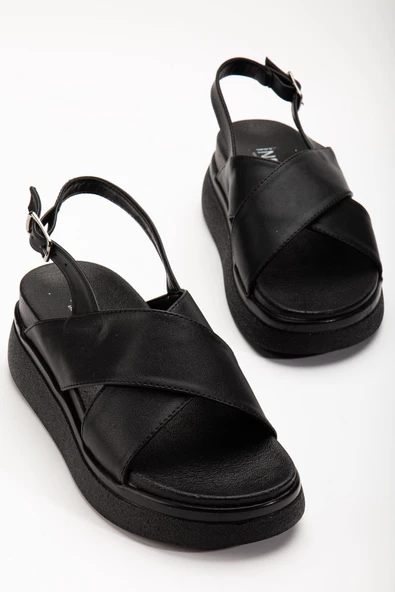 Siyah Dolgu Topuk Kadın Sandalet - Resim 4