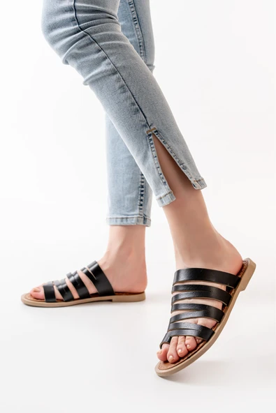 Siyah Ortopedik Hakiki Deri Kadın Terlik - Resim 5