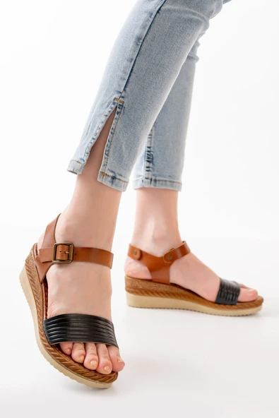 Siyah Ortopedik Hakiki Deri Dolgu Kadın Sandalet - Resim 5