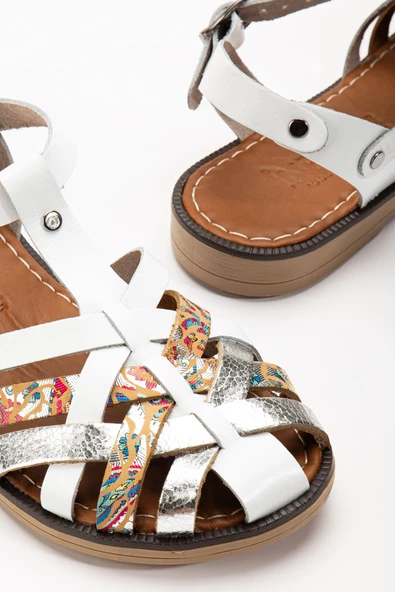 Beyaz Garni Ortopedik Hakiki Deri Kadın Sandalet - Resim 3