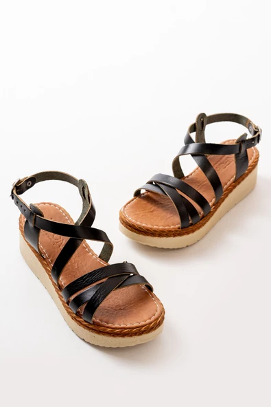 Siyah Ortopedik Hakiki Deri Dolgu Kadın Sandalet - Resim 4