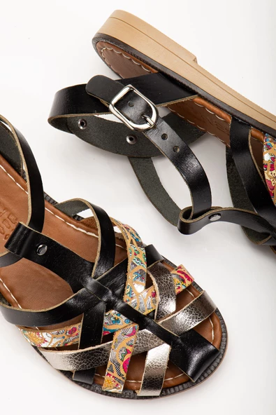 Siyah Garni Ortopedik Hakiki Deri Kadın Sandalet - Resim 3