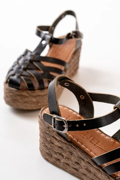 Siyah Ortopedik Hakiki Deri Dolgu Kadın Sandalet - Resim 3